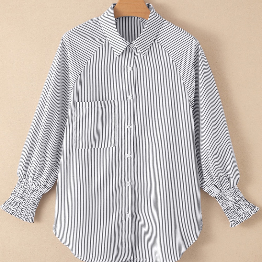 Smocked Cuffed Striped Boyfriend Shirt with Pocket - Picture 7 of 14